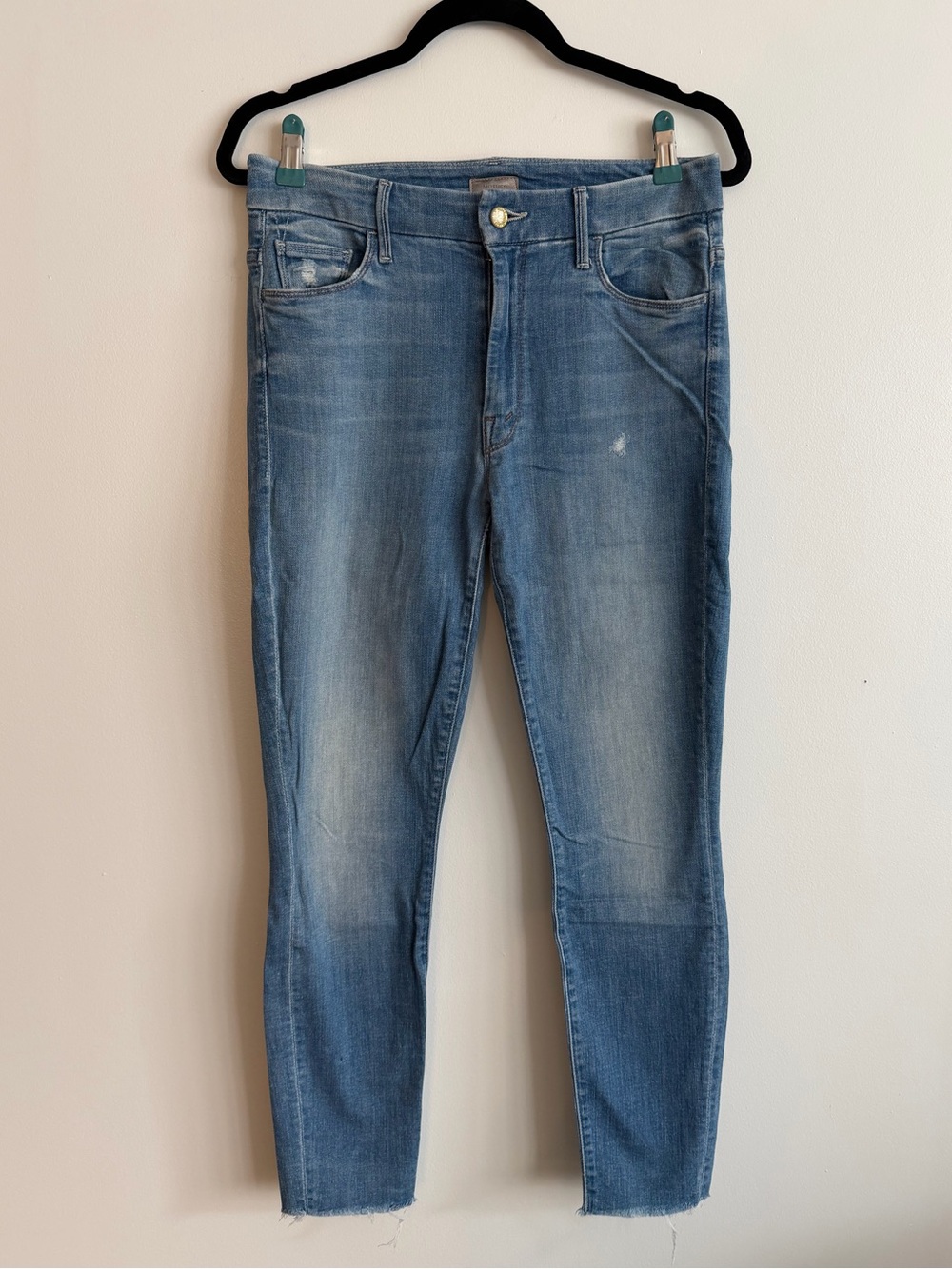 MOTHER Light Blue Skinny Jeans High Waisted Looker Ankle Fray in Shake Well